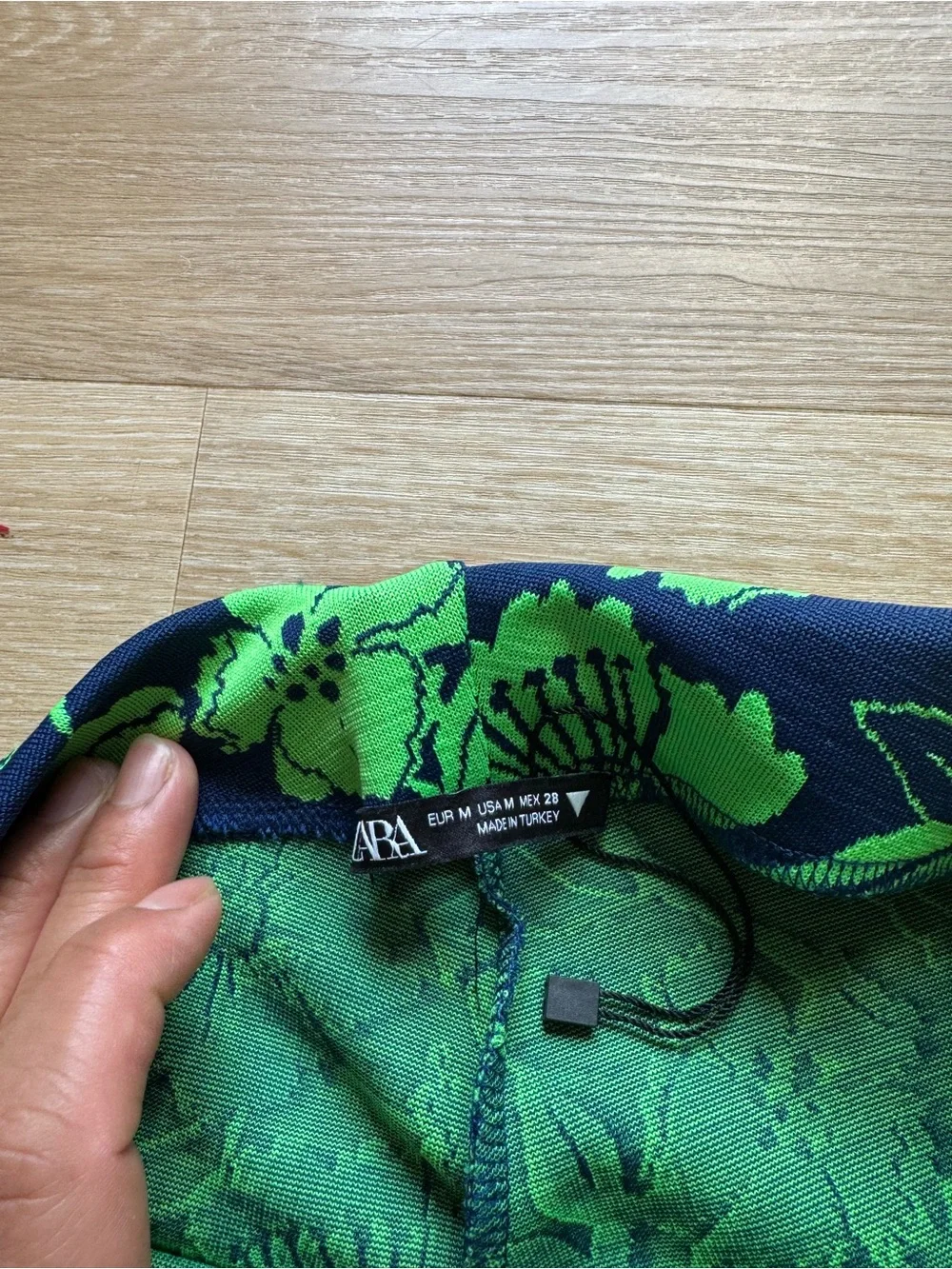Zara Navy & Bright Green Floral High-Waist Flare Pants